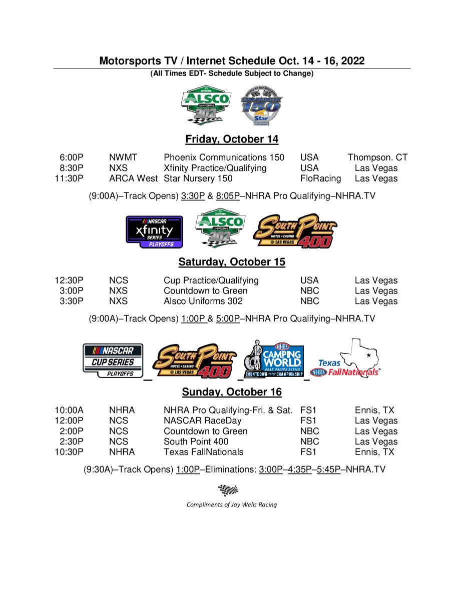 This weekends racing schedule features NASCAR and NHRA