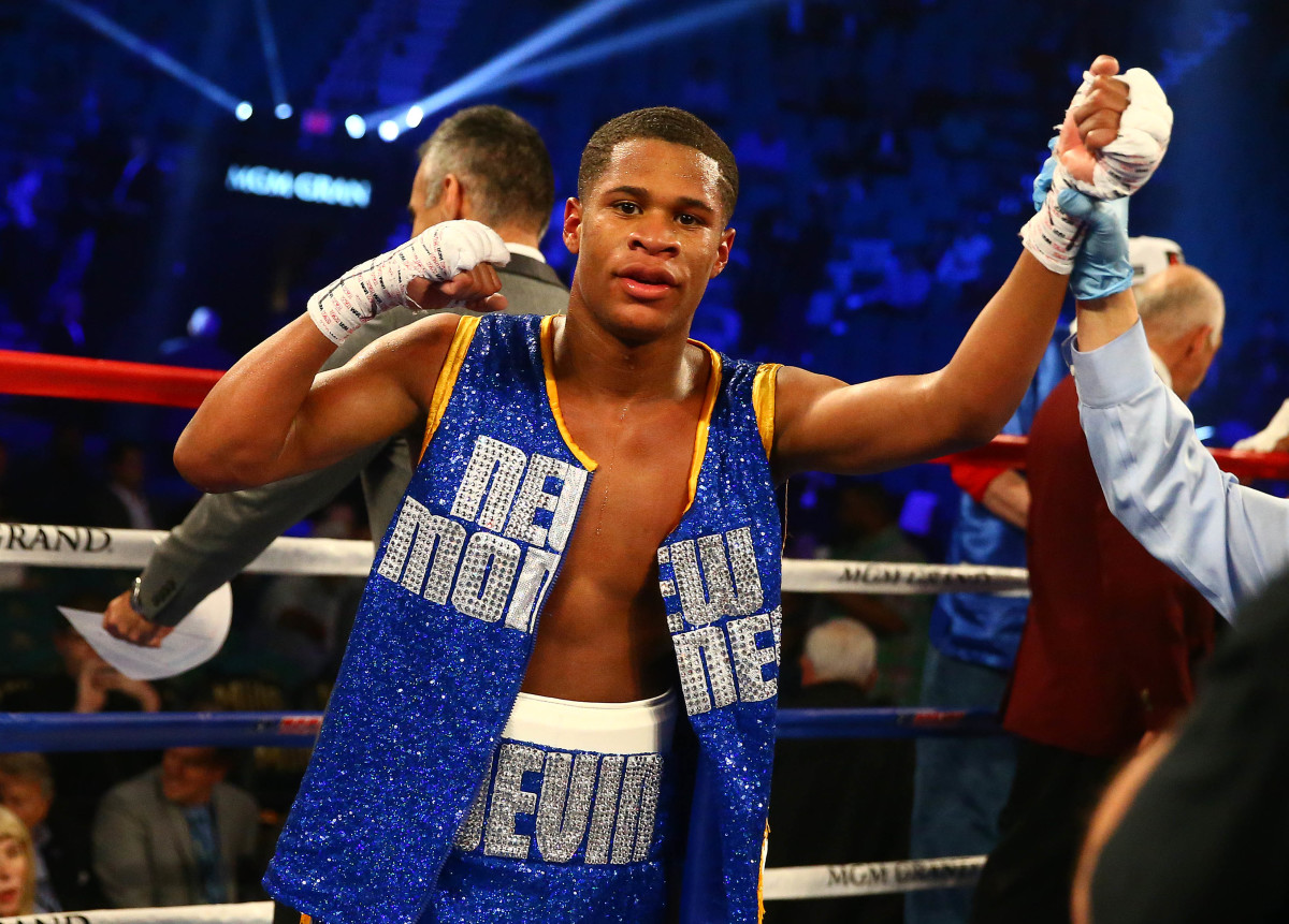 Devin Haney reacts after he is declared the winner against Rafael Vazquez at MGM Grand Garden Arena.