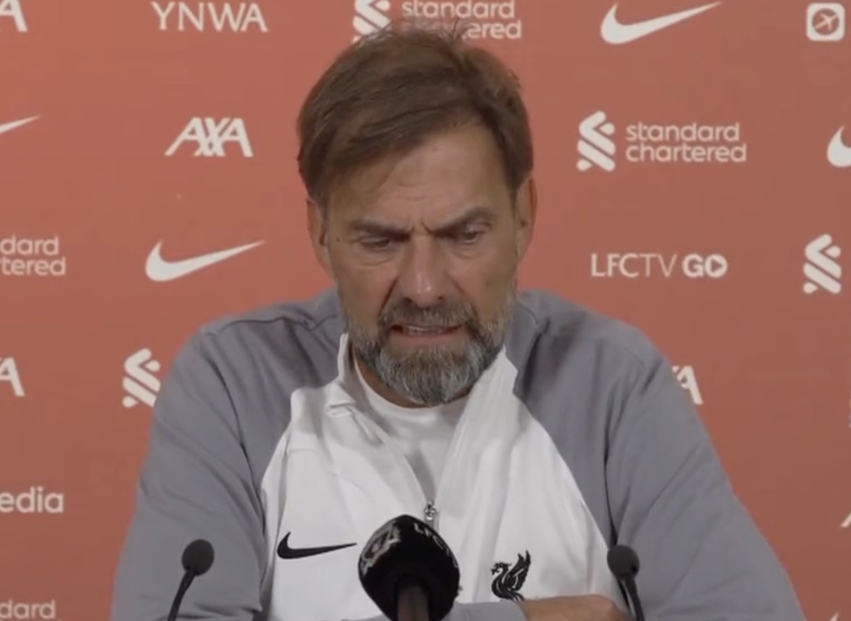 Jurgen Klopp pictured in a press conference ahead of Liverpool's EPL game against Manchester City in October 2022
