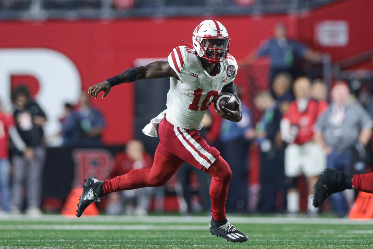 Oct 7, 2022; Piscataway, New Jersey, USA; Nebraska Cornhuskers running back Anthony Grant (10) carries the ball against the Rutgers Scarlet Knights during the first half at SHI Stadium.