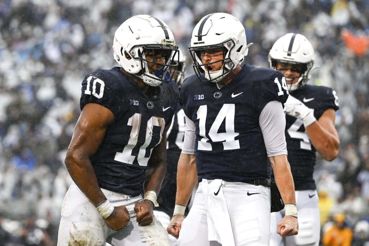 Penn State, Nick Singleton, Sean Clifford, celebrate, Beaver Stadium