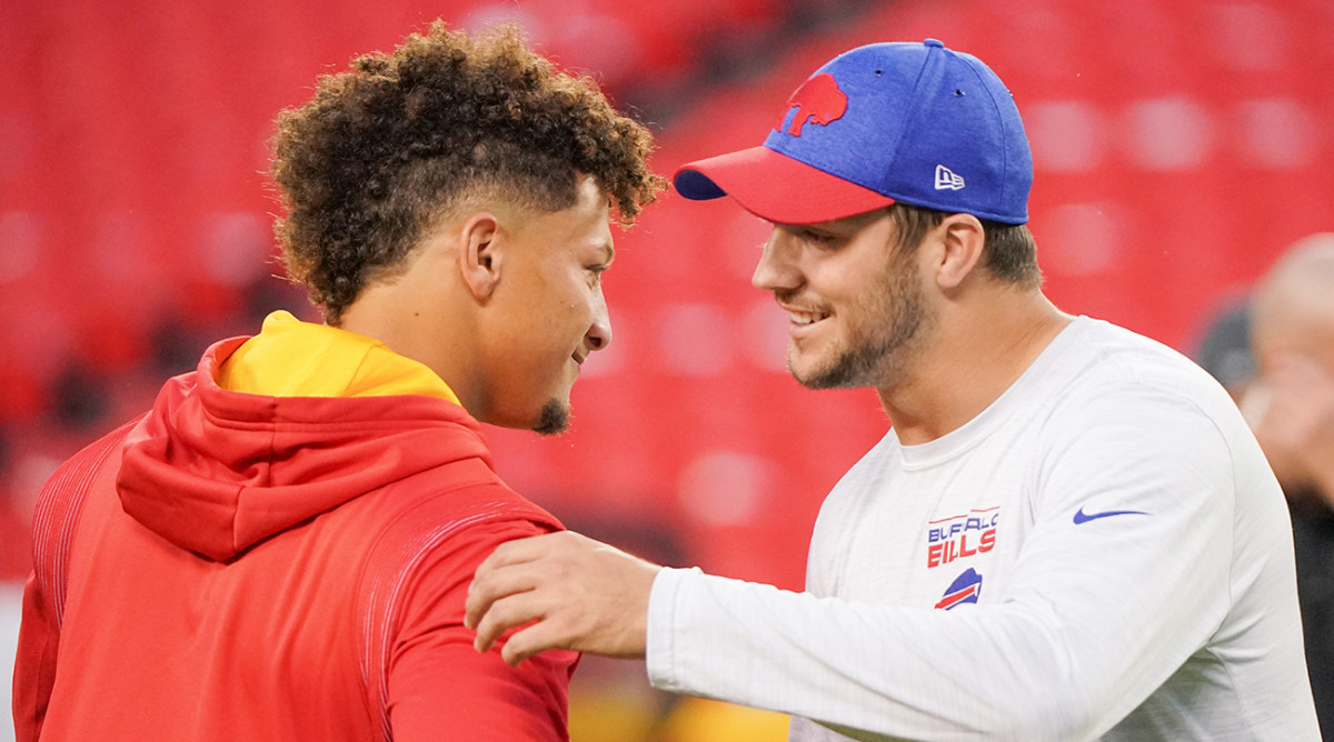 Chiefs’ Patrick Mahomes and Bills’ Josh Allen embrace before an NFL game.