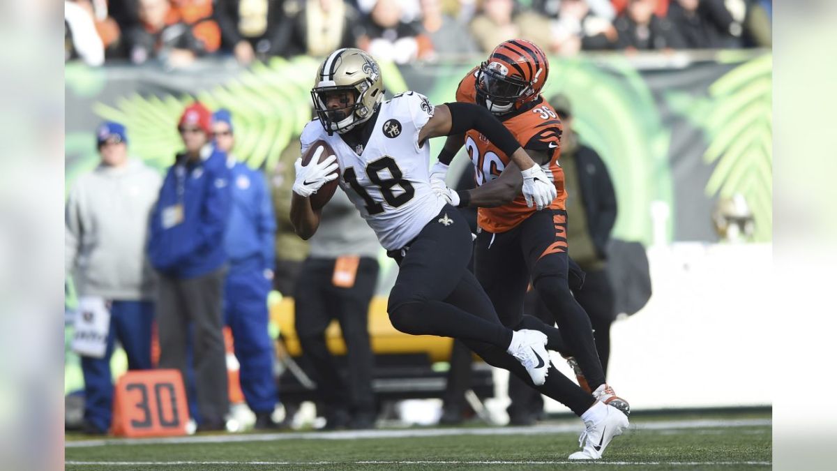 Saints WR Keith Kirkwood (18) makes a catch against the Cincinnati Bengals during his 2018 rookie season. Credit: The Carolina Panthers website 
