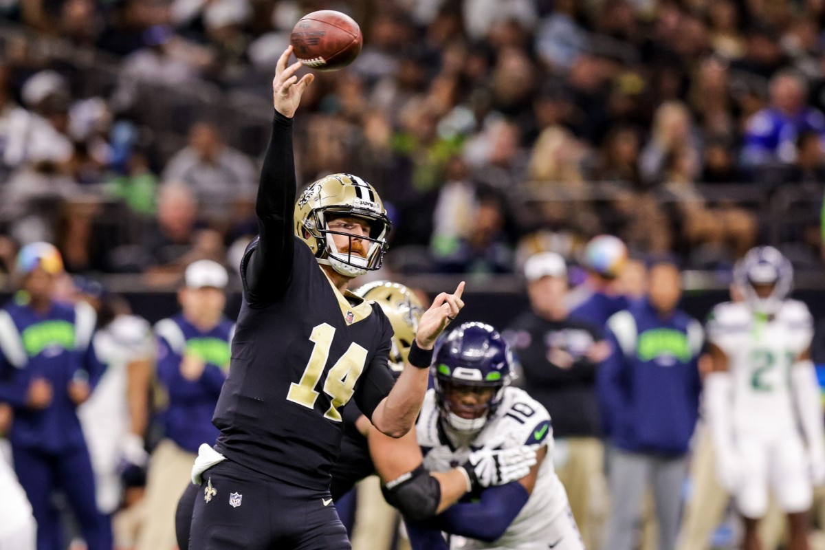 New Orleans Saints quarterback Andy Dalton (14) passes the ball against the Seattle Seahawks. Mandatory Credit: Stephen Lew-USA TODAY Sports