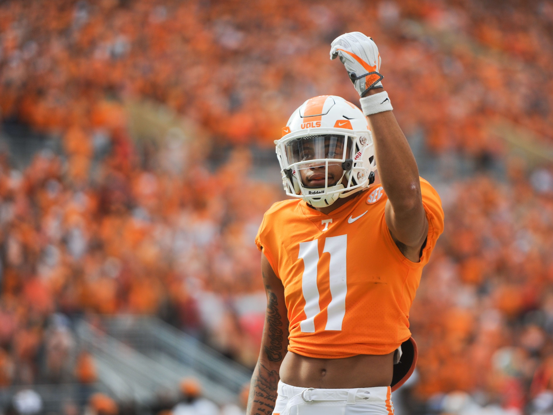 Tennessee wide receiver Jalin Hyatt (11) celebrates during a game between Tennessee and Alabama in Neyland Stadium, on Saturday, Oct. 15, 2022. © Jamar Coach/News Sentinel / USA TODAY NETWORK