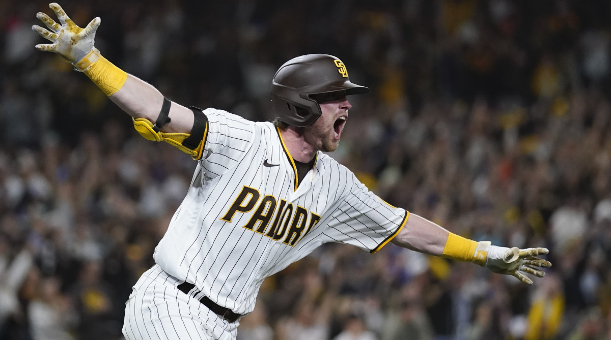 San Diego Padres' Jake Cronenworth celebrates hitting a two-run, go-ahead single in Game 4 of the 2022 NLDS.