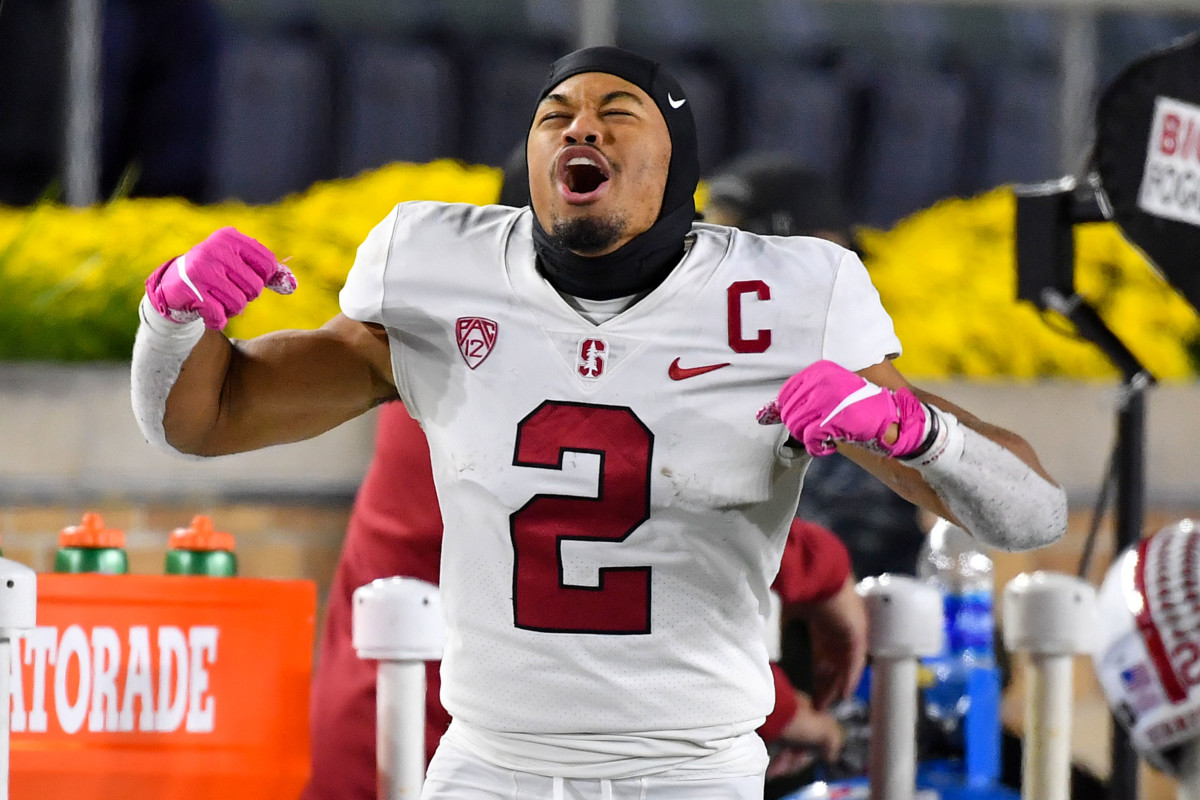 South Bend, Indiana, USA; Stanford Cardinal safety Jonathan McGill (2) celebrates in the closing seconds of the 16-14 win over the Notre Dame Fighting Irish at Notre Dame Stadium.