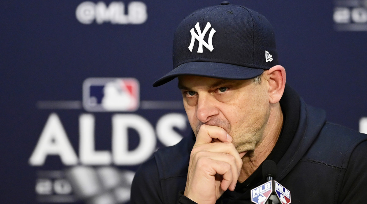 Aaron Boone answers questions after the Yankees’ 6–5 loss to the Guardians in ALDS Game 3.