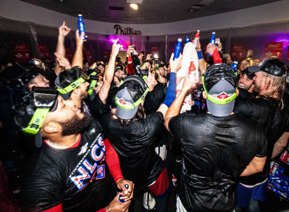 The Philadelphia Phillies celebrate their NLDS win over the Atlanta Braves.
