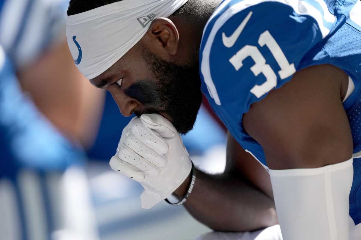 Indianapolis Colts safety Brandon Facyson (31) takes a moment Sunday, Oct. 2, 2022, before a game against the Tennessee Titans at Lucas Oil Stadium in Indianapolis.