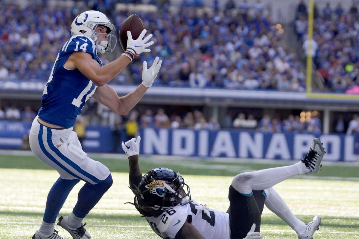 A pass intended for Indianapolis Colts wide receiver Alec Pierce (14) goes incomplete after interference by Jacksonville Jaguars cornerback Shaquill Griffin (26) on Sunday, Oct. 16, 2022, during a game against the Jacksonville Jaguars at Lucas Oil Stadium in Indianapolis.