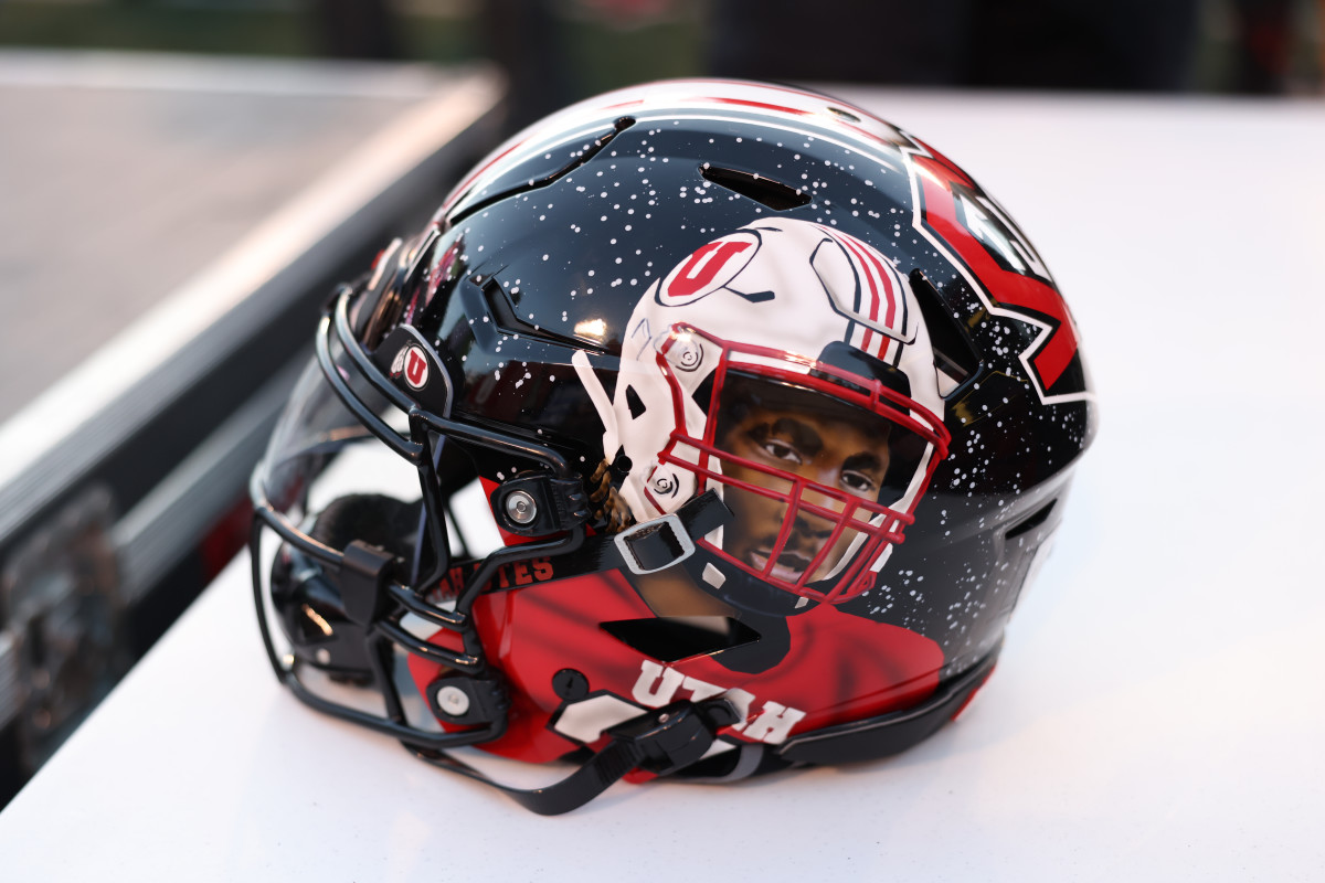 A hand painted helmet worn by the Utah Utes against the USC Trojans at Rice-Eccles Stadium.