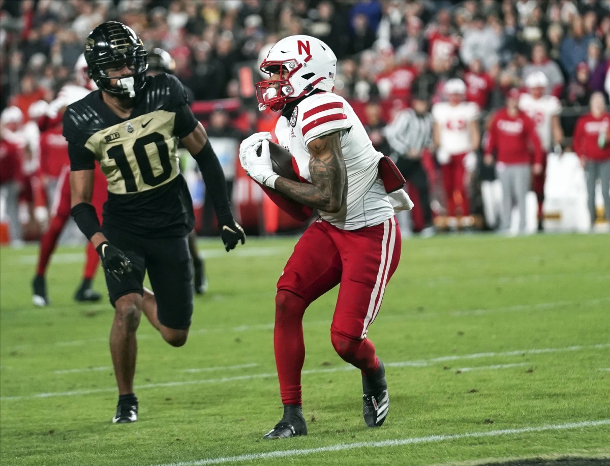 Oct 15, 2022; West Lafayette, Indiana, USA; Nebraska Cornhuskers wide receiver Trey Palmer (3) catches a pass for a touchdown during the second half at Ross-Ade Stadium.