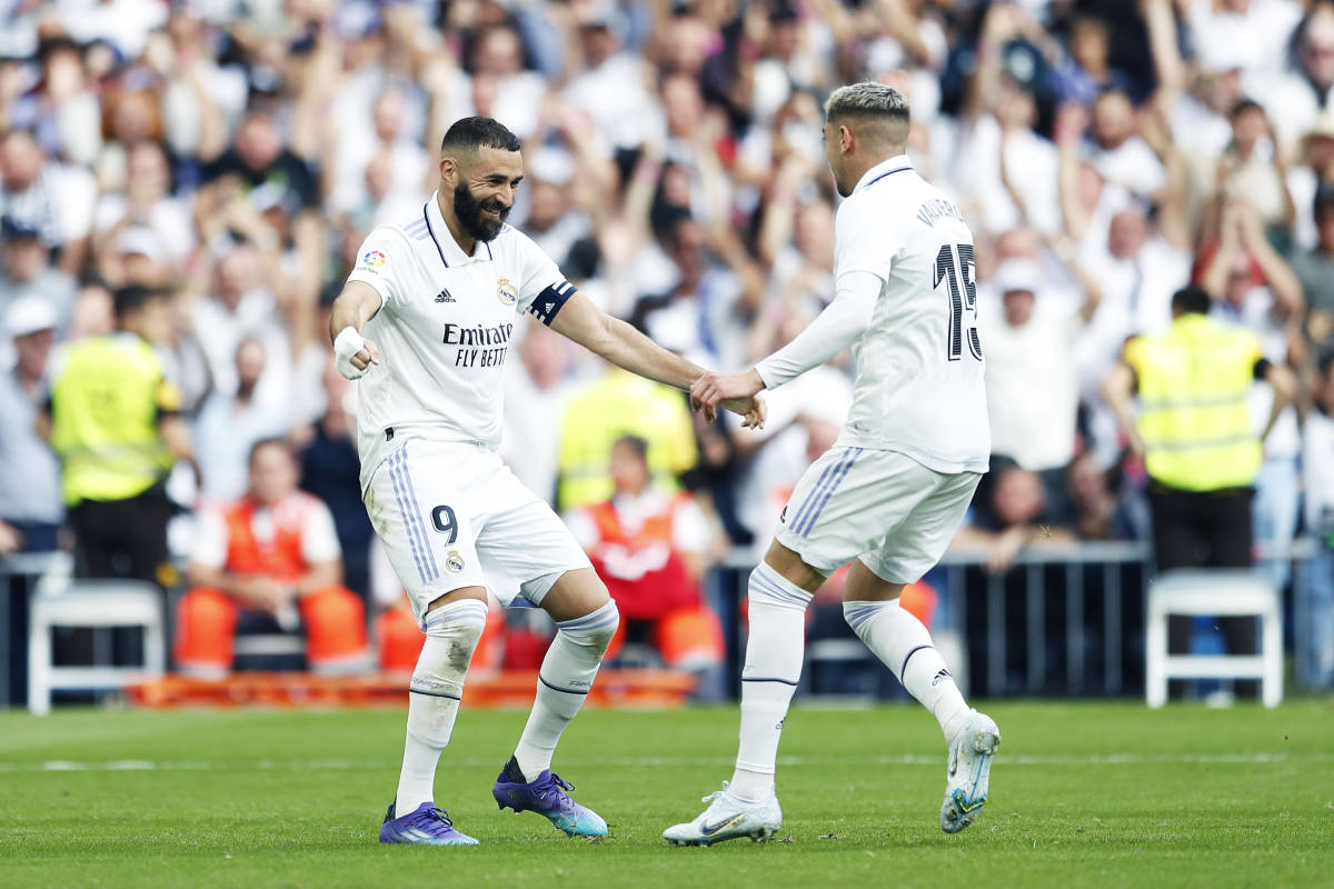 Karim Benzema (left) and Federico Valverde pictured celebrating during Real Madrid's 3-1 win over Barcelona in October 2022