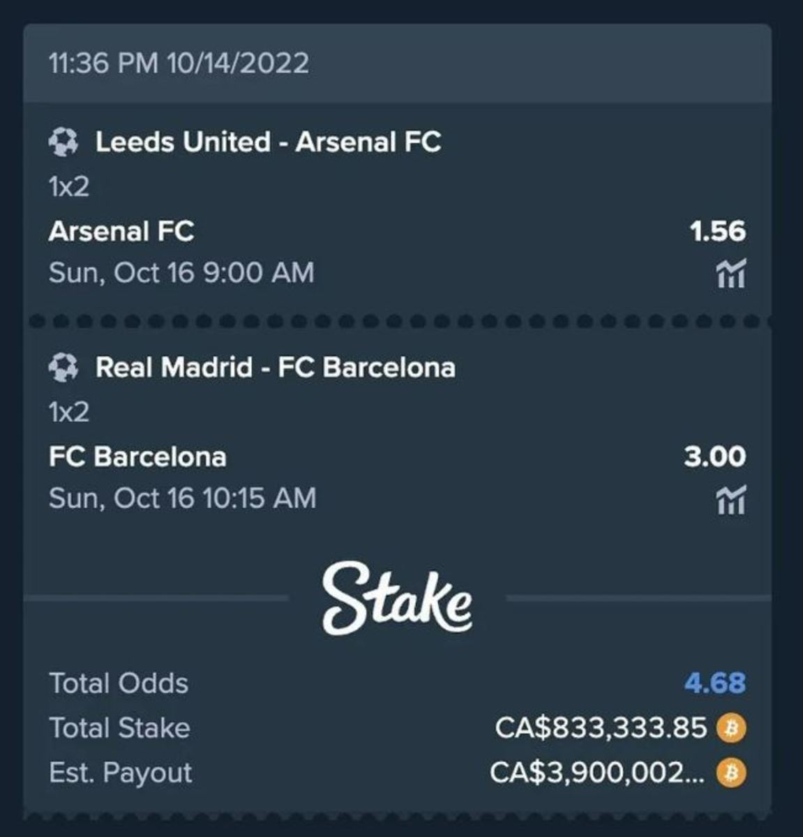 Drake bet on Arsenal and Barcelona to beat Leeds and Real Madrid respectively