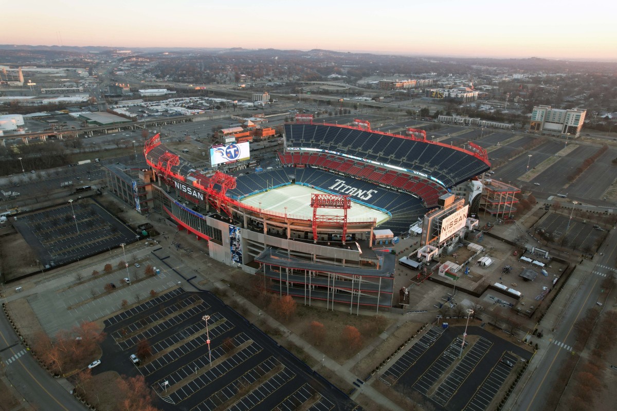 A general overall aerial view of Nissan Stadium.