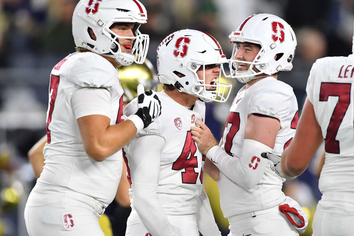 South Bend, Indiana, USA; Stanford Cardinal kicker Joshua Karty (43) celebrates after kicking a field goal in the second quarter against the Notre Dame Fighting Irish at Notre Dame Stadium.