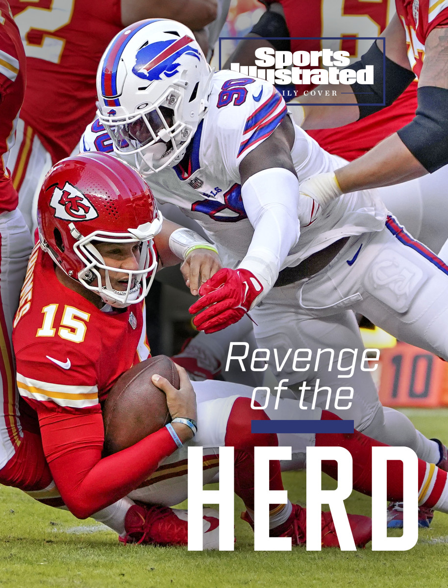 Patrick Mahomes is swarmed by defenders on the Bills SI Daily Cover