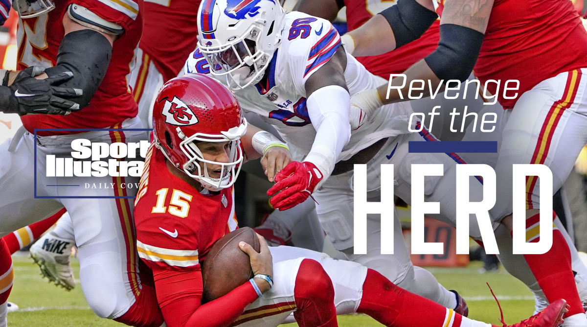 Patrick Mahomes is swarmed by defenders on the Bills SI Daily Cover