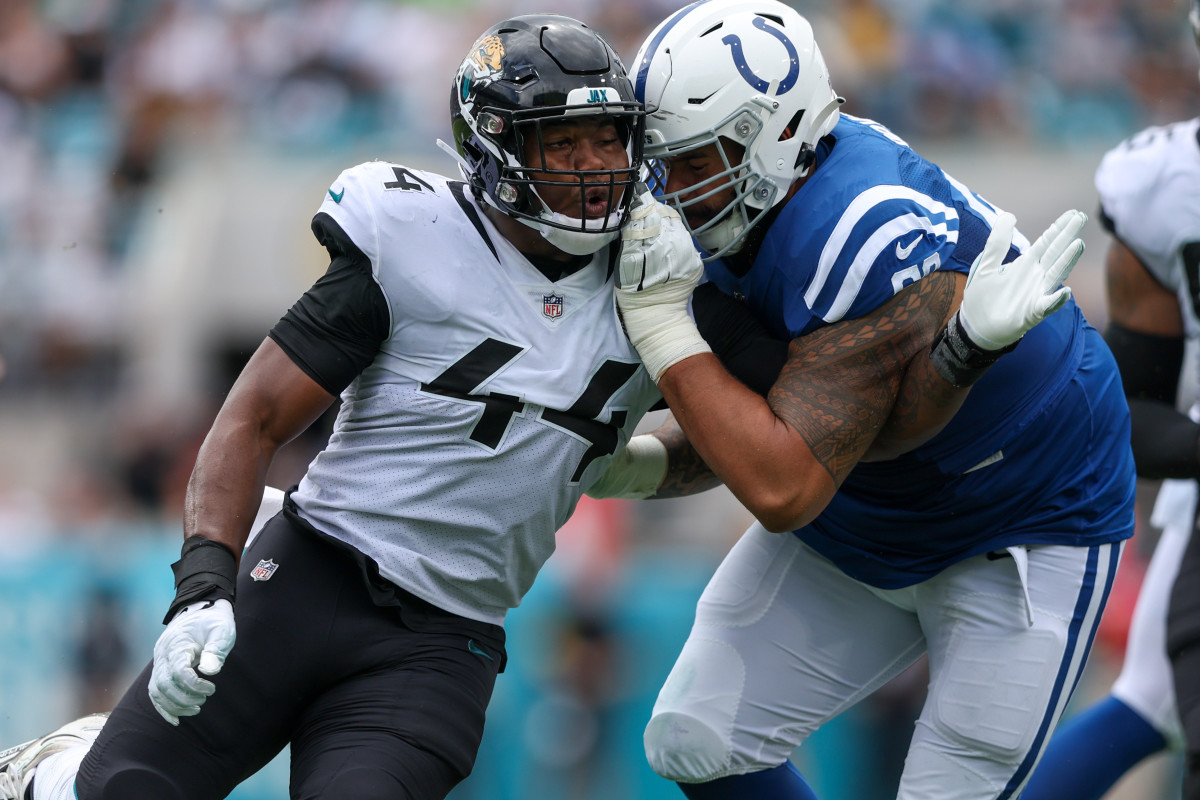 Sep 18, 2022; Jacksonville, Florida, USA; Jacksonville Jaguars linebacker Travon Walker (44) is blocked by Indianapolis Colts offensive tackle Matt Pryor (69) in the second quarter at TIAA Bank Field.