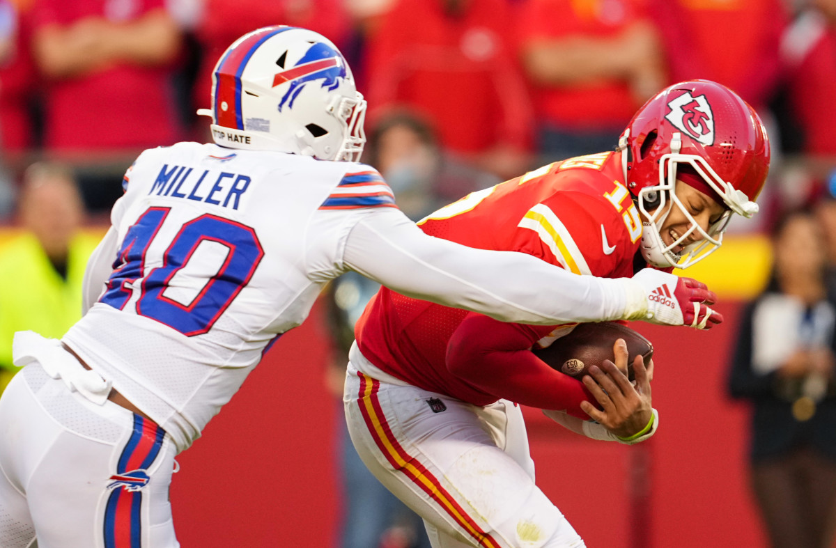 Buffalo Bills Von Miller reaches to sack Chiefs quarterback Patrick Mahomes