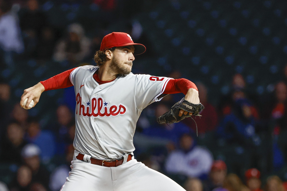 Phillies pitcher Aaron Nola goes to throw