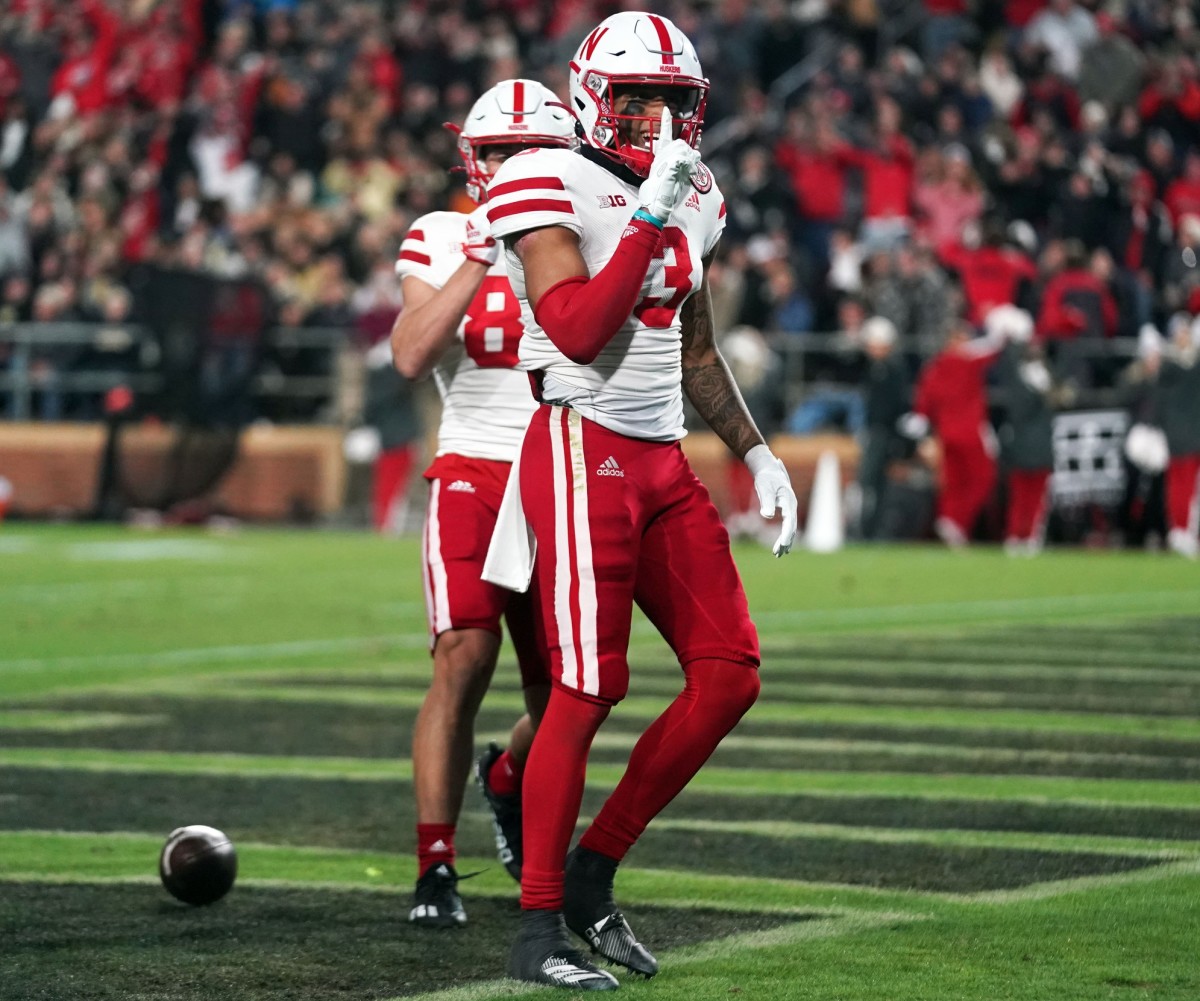 Oct 15, 2022; West Lafayette, Indiana, USA; Nebraska Cornhuskers wide receiver Trey Palmer (3) celebrates after scoring a touchdown during the second half at Ross-Ade Stadium.