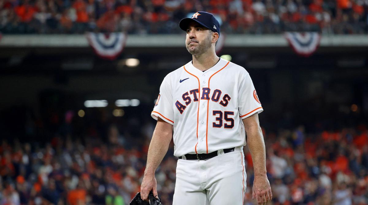 Oct 11, 2022; Houston, Texas, USA; Houston Astros starting pitcher Justin Verlander (35) reacts after pitching against the Seattle Mariners during the first inning in game one of the ALDS for the 2022 MLB Playoffs at Minute Maid Park.