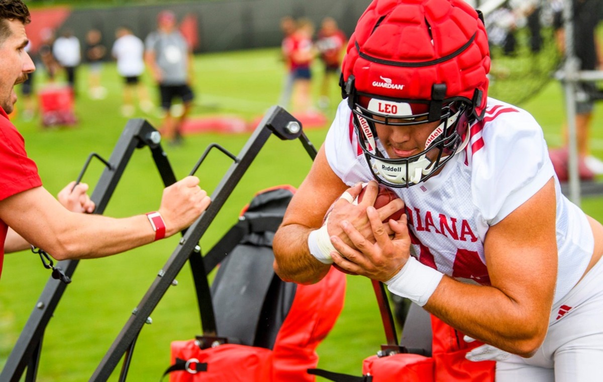 Indiana's Aaron Steinfeldt (84) during the first open practice of the 2022 season at the practice facility at Indiana University on Tuesday, August 2, 2022.