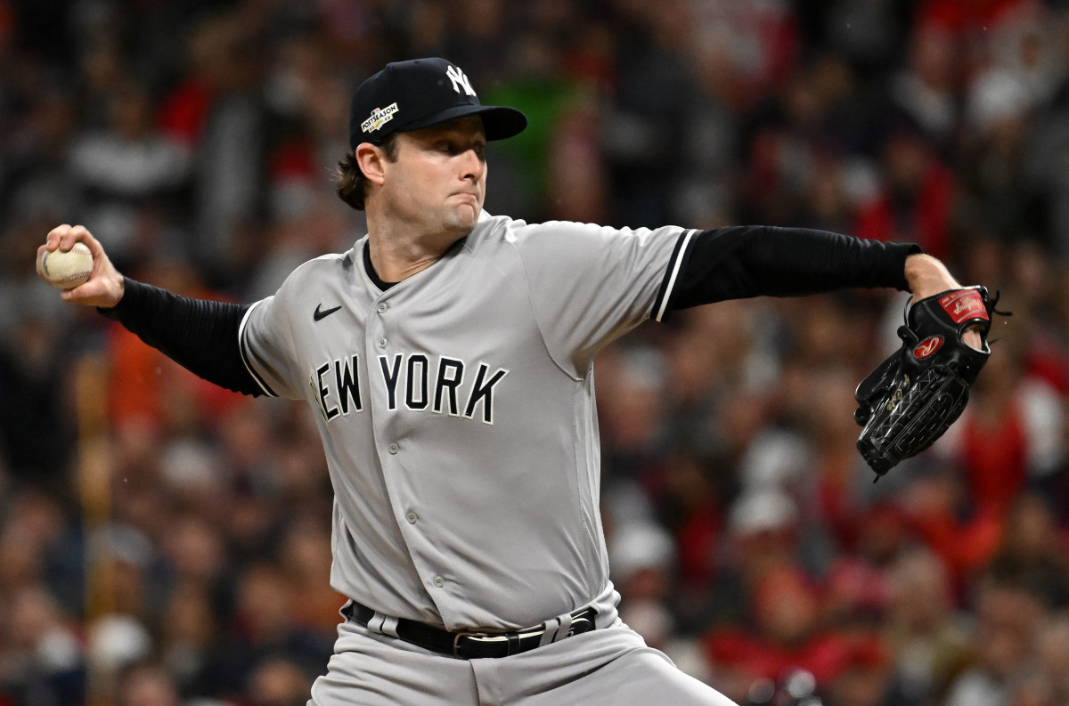 Yankees pitcher Gerrit Cole winds up to throw