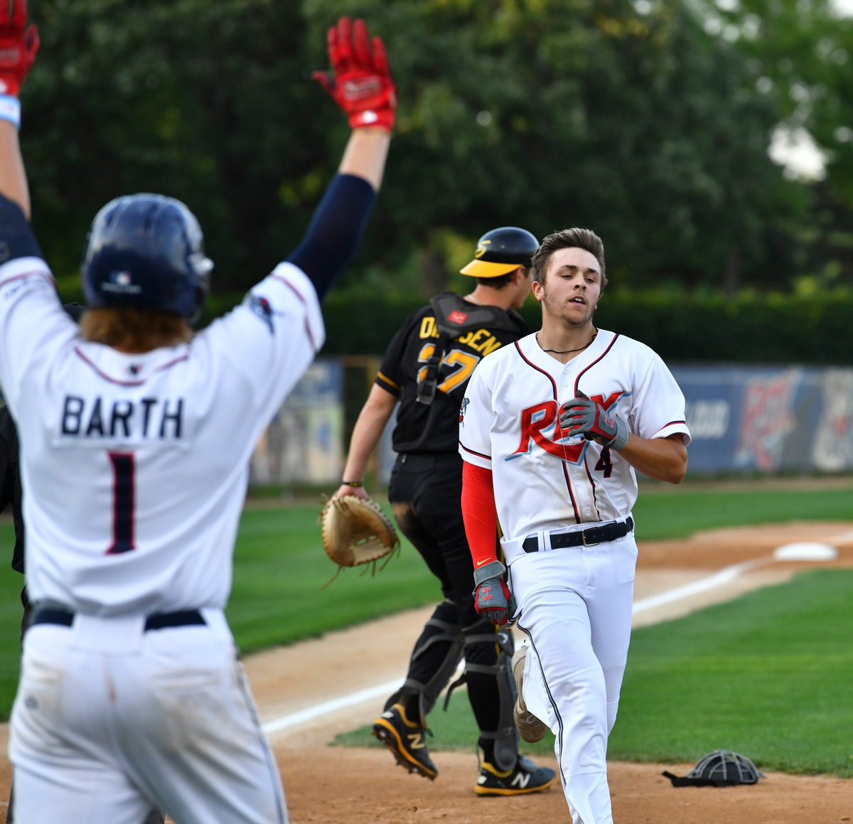 Andrew Pintar scores on an inside-the-park home run during the final game of the season Thursday, Aug. 20, 2020, at Joe Faber Field in St. Cloud. Rox 2