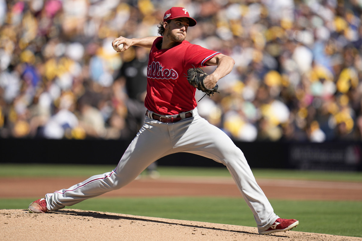 Phillies righthander Aaron Nola pitches against the Padres in Game 2 of the NLCS.