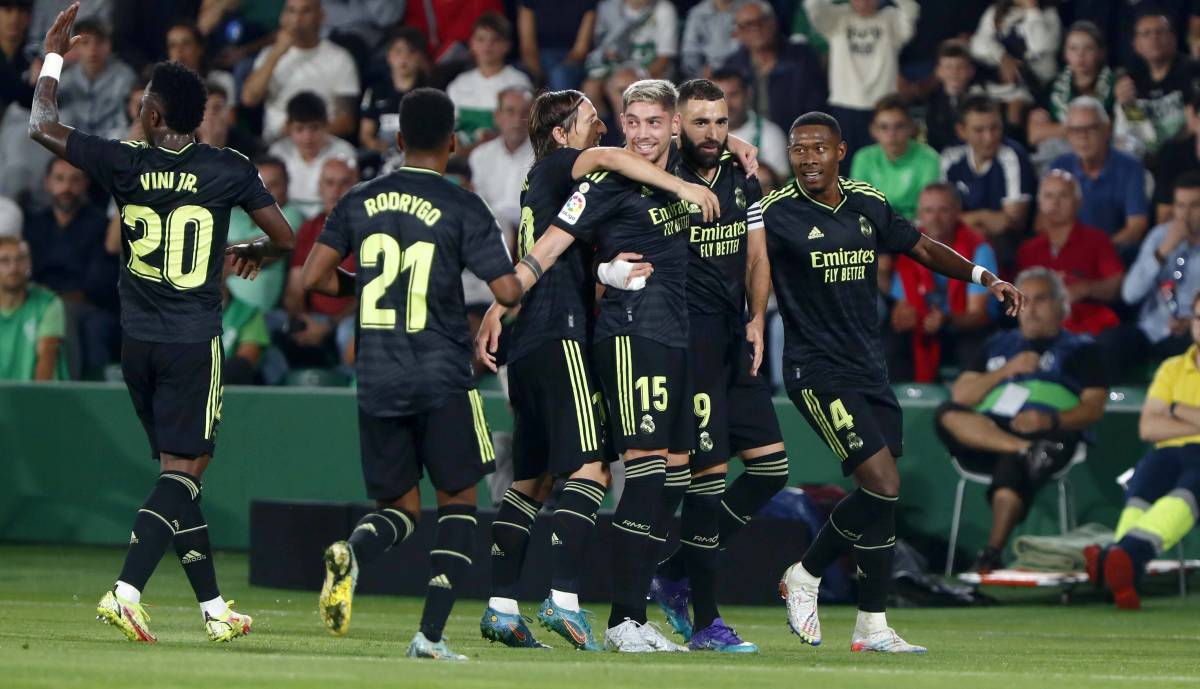 Real Madrid's players pictured celebrating a goal during their 3-0 win at Elche in La Liga in October 2022