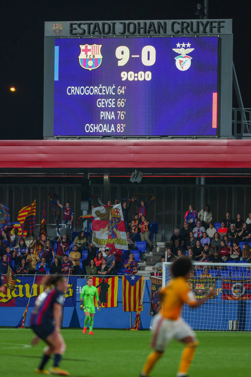 A picture of the scoreboard at Johan Cruyff Stadium taken in October 2022 during Barcelona's 9-0 win over Benfica in the Women's Champions League