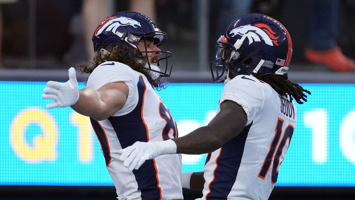 Greg Dulcich with Jerry Jeudy vs Chargers