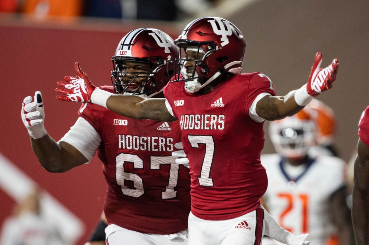 Indiana Hoosiers wide receiver D.J. Matthews Jr. (7) celebrates his touchdown with teammates in the second quarter against the Illinois Fighting Illini at Memorial Stadium.