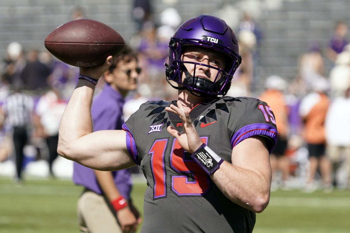 TCU Horned Frogs quarterback Max Duggan (15) warms up prior to a game against the Oklahoma State Cowboys at Amon G. Carter Stadium.