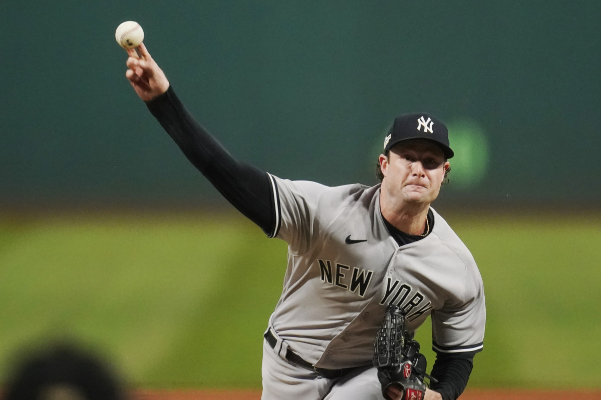 New York Yankees' Gerrit Cole pitches in the first inning of Game 4 of a baseball AL Division Series against the Cleveland Guardians, Sunday, Oct. 16, 2022, in Cleveland.