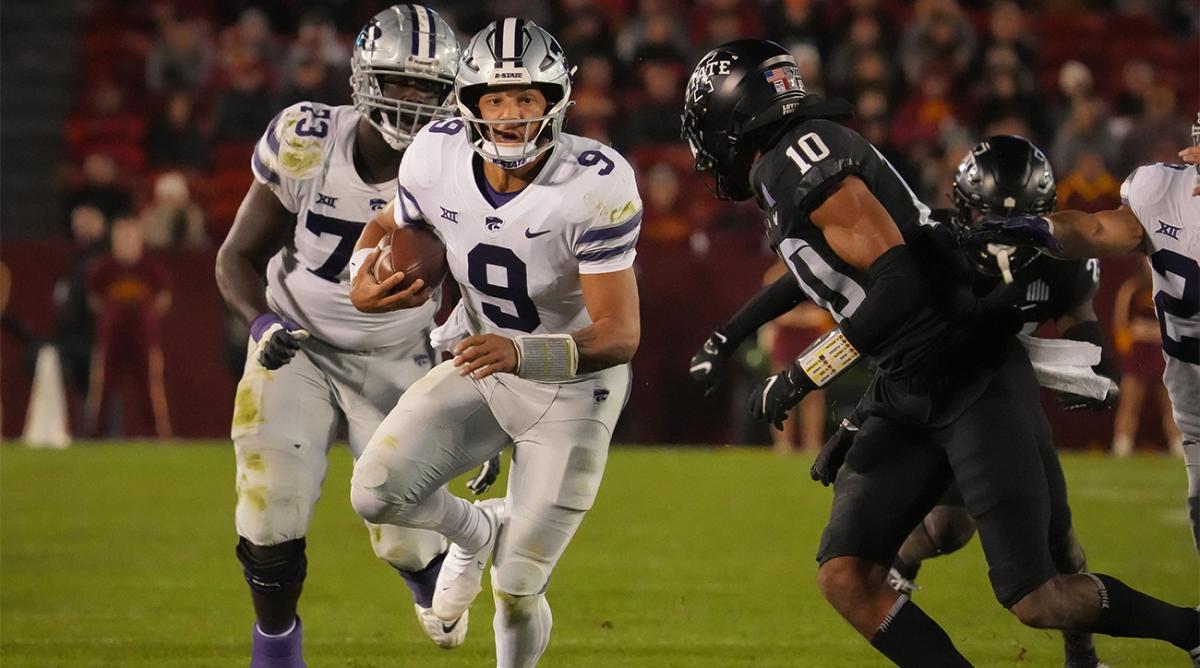 Kansas State quarterback Adrian Martinez runs the ball in the third quarter against Iowa State during a NCAA college football game at Jack Trice Stadium in Ames, Iowa, on Saturday, Oct. 8, 2022.