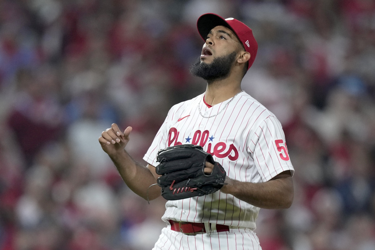 Phillies righthander Seranthony Dominguez celebrates after recording the final out of Game 3 of the NLCS against the Padres.