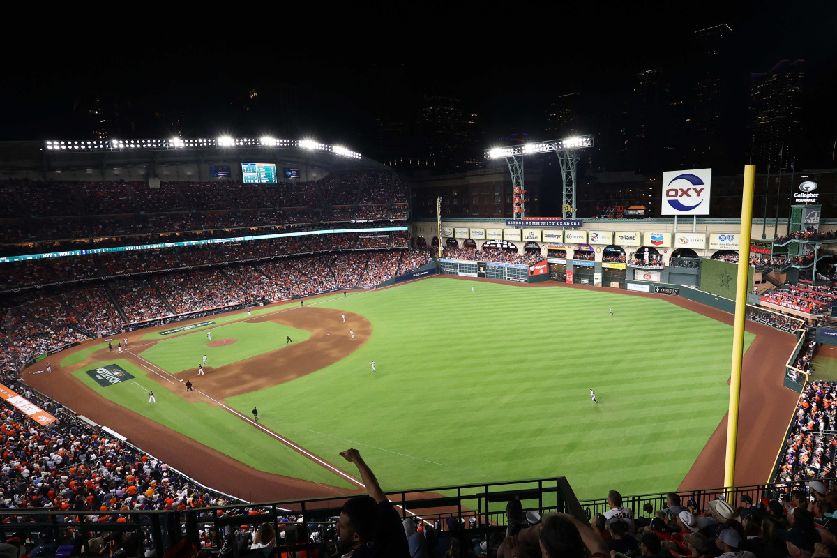 A general overall view of Minute Maid Park with the roof open during the fifth inning in Game 2 of the ALCS between the Astros and Yankees.