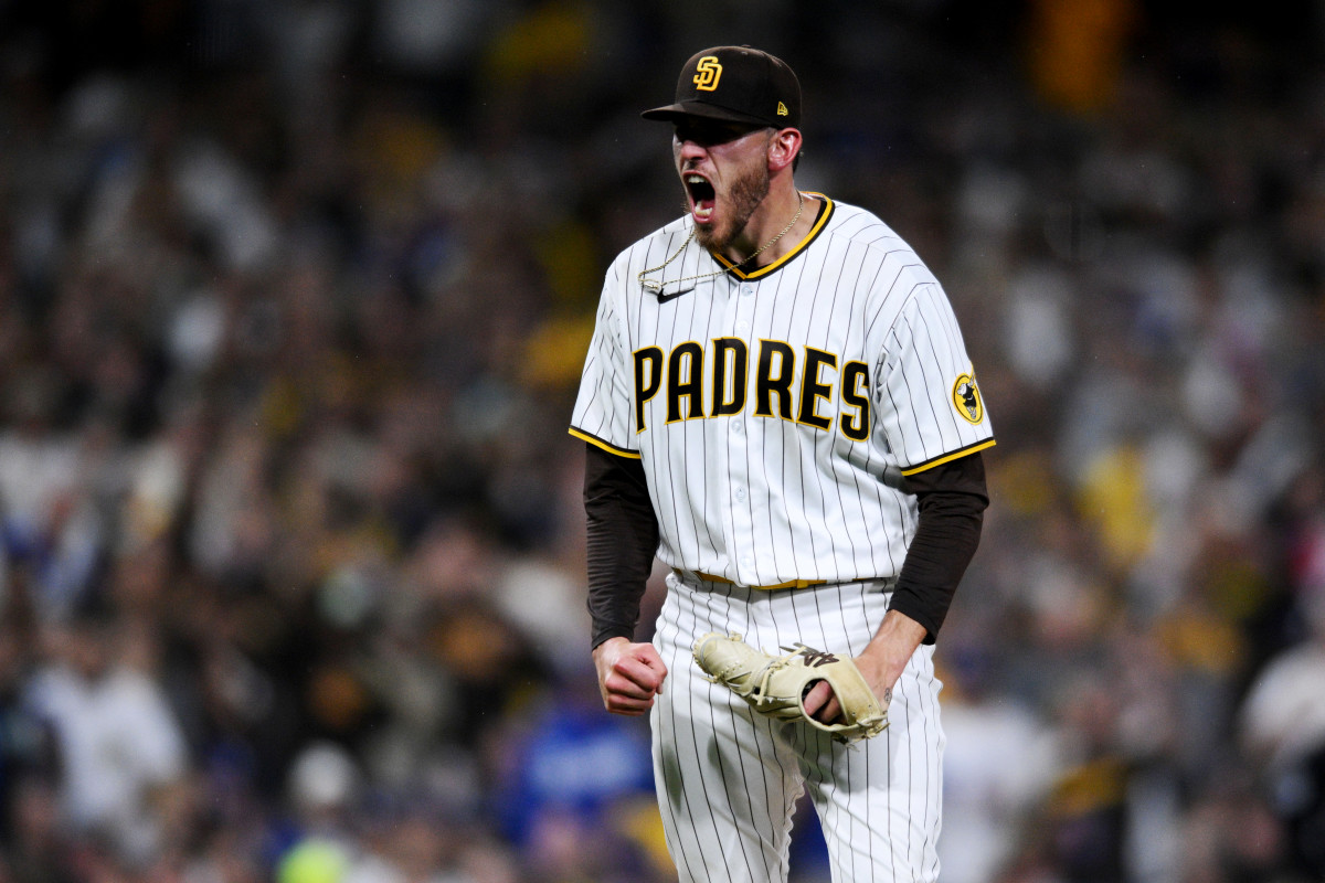 Padres’ Joe Musgrove reacts after getting a strikeout against the Dodgers in the NLDS.