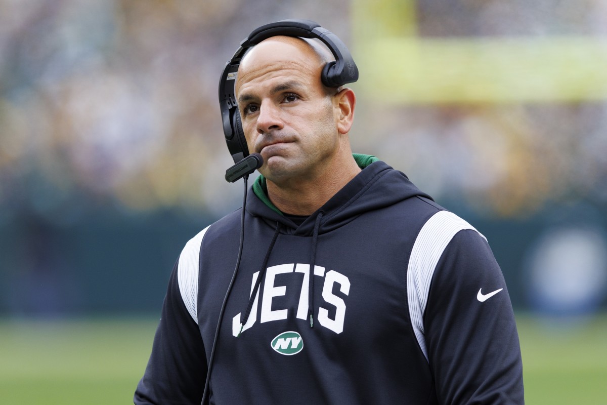 Oct 16, 2022; Green Bay, Wisconsin, USA; New York Jets head coach Robert Saleh looks on during the second quarter against the Green Bay Packers at Lambeau Field. Mandatory Credit: Jeff Hanisch-USA TODAY Sports