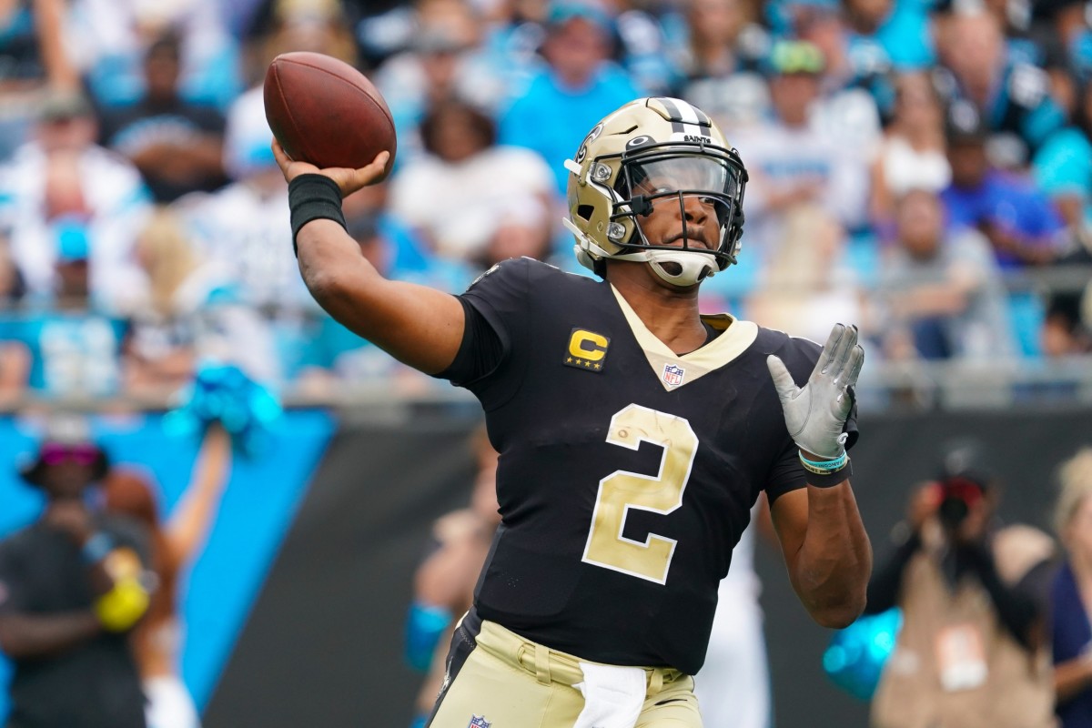 New Orleans Saints quarterback Jameis Winston (2) throws the ball against the Carolina Panthers. Mandatory Credit: James Guillory-USA TODAY Sports