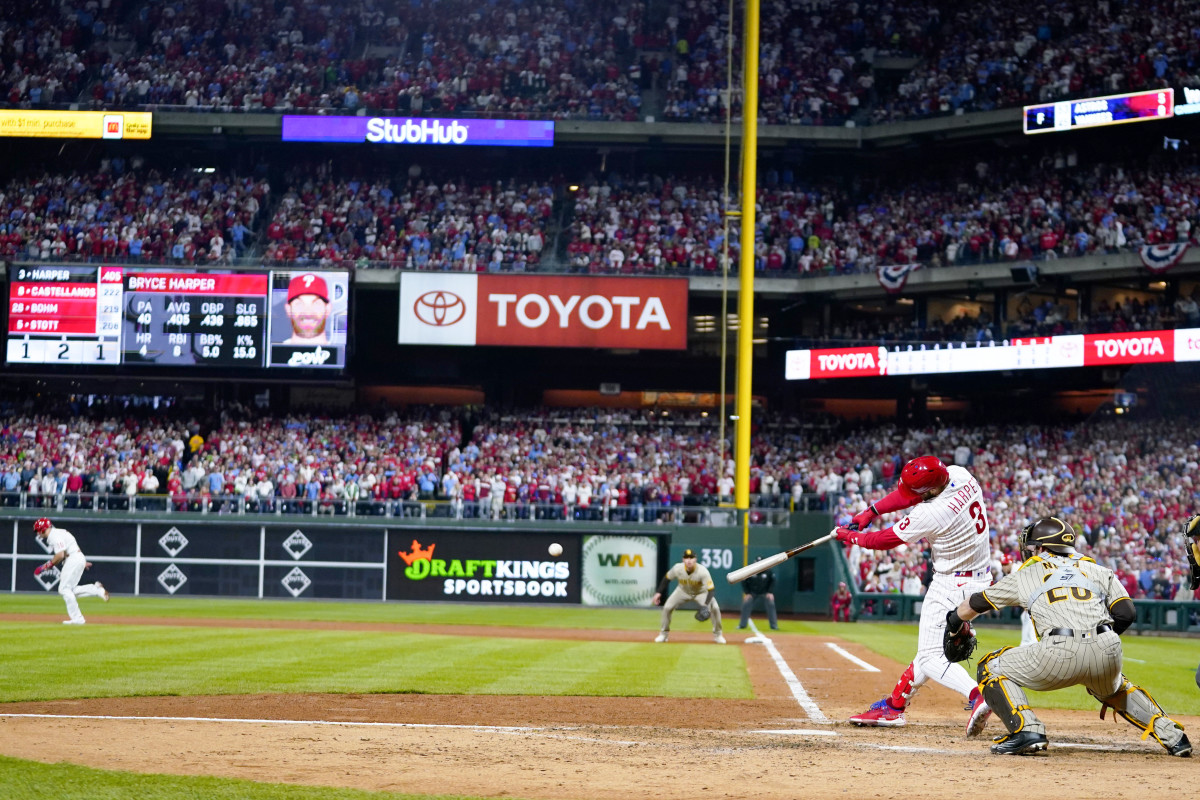 Phillies slugger Bryce Harper rips an RBI double in Game 4 of the NLCS.