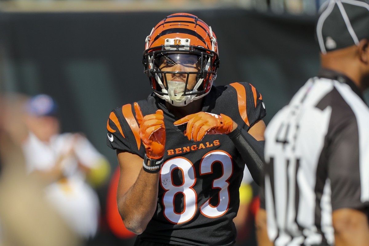 Oct 23, 2022; Cincinnati, Ohio, USA; Cincinnati Bengals wide receiver Tyler Boyd (83) reacts after scoring a touchdown against the Atlanta Falcons in the first half at Paycor Stadium. Mandatory Credit: Katie Stratman-USA TODAY Sports