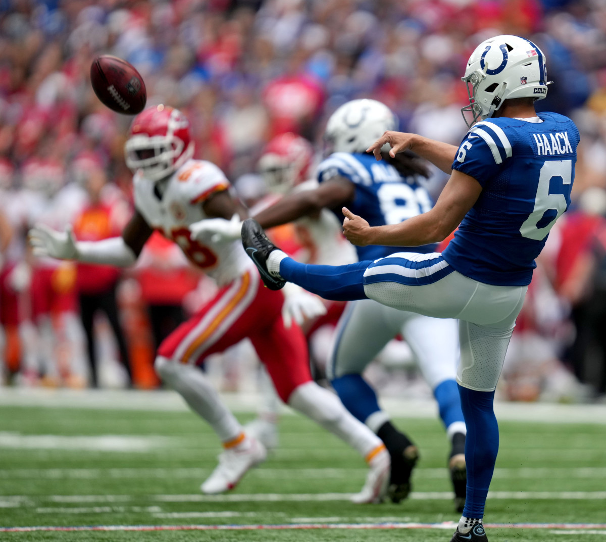 Sep 25, 2022; Indianapolis, Indiana, USA; Indianapolis Colts punter Matt Haack (6) kicks the ball during a game against the Kansas City Chiefs at Lucas Oil Stadium.