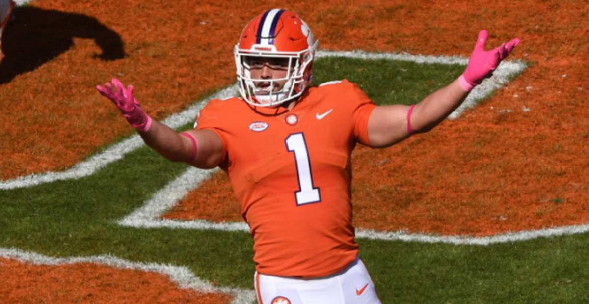 Clemson Tigers running back Will Shipley celebrates a touchdown during a college football game in the ACC.