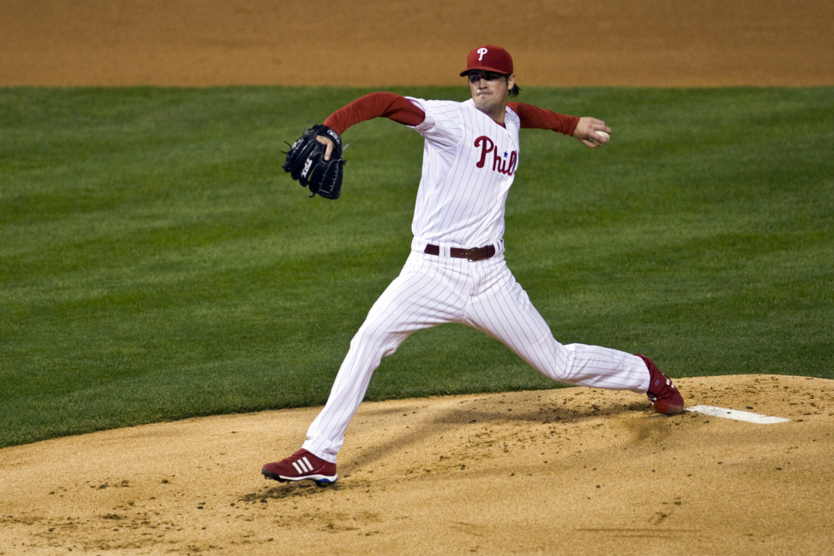 Cole Hamels pitches for the Philadelphia Phillies in the 2008 NLCS.