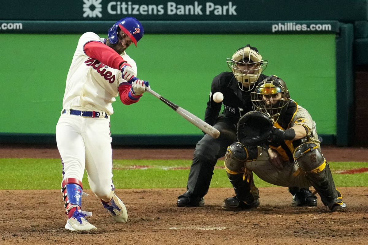 Phillies slugger Bryce Harper hits a pennant-winning two-run home run.